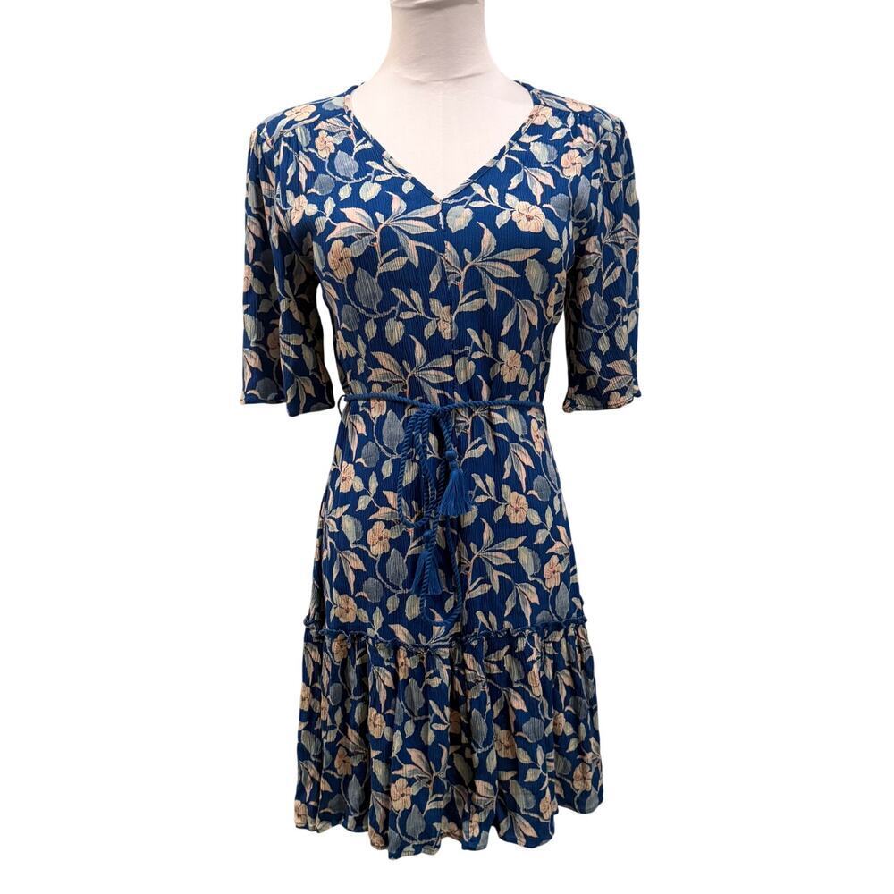 Faherty Orinda Floral Blue Crepe Mini Dress XS Boho Cottage Tassel 3/4 Sleeves - Picture 2 of 9